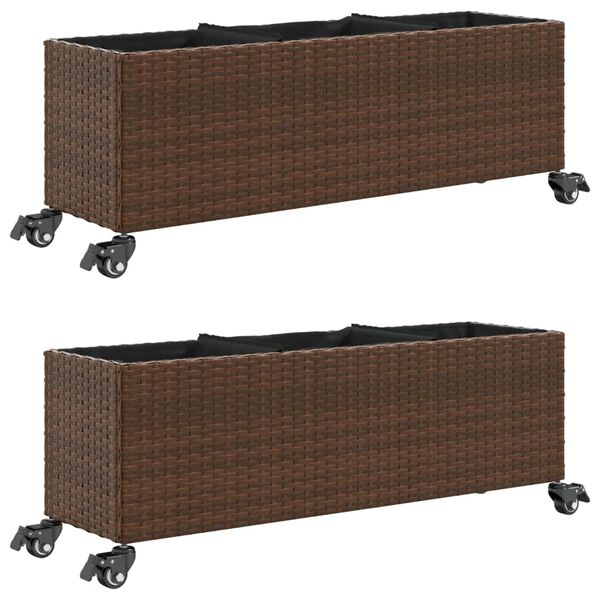 vidaXL Garden Planters with Wheels 2 pcs Brown 107x32x38 cm Poly Rattan