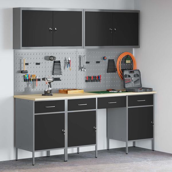 vidaXL Work Cabinet with Drawer 10 pcs Black Engineered Wood and Steel