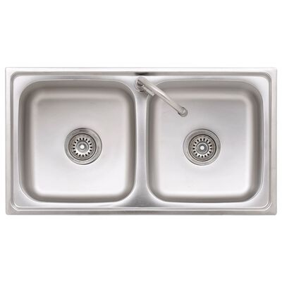 vidaXL Camping Sink Double Basins with Tap Stainless Steel