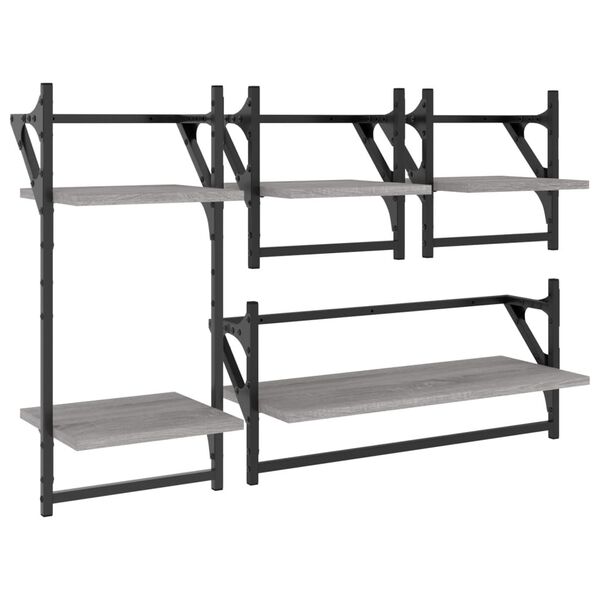 vidaXL 4 Piece Wall Shelf Set with Bars Grey Sonoma Engineered Wood