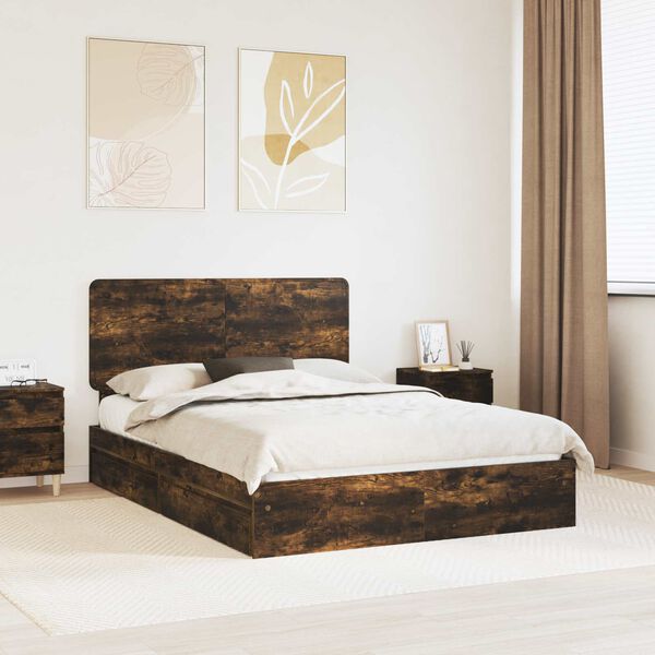 vidaXL Storage Bed with Drawer Smoked Oak 160 x 200 cm Engineered Wood