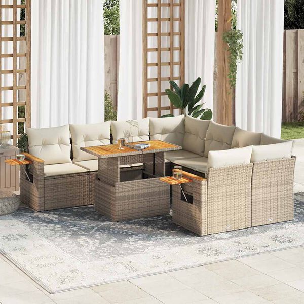 vidaXL 9 Piece Garden Sofa Set with Cushions Beige Poly Rattan Acacia