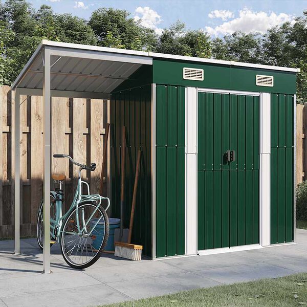 vidaXL Garden Shed with Extended Roof Green 277x107x181 cm Steel