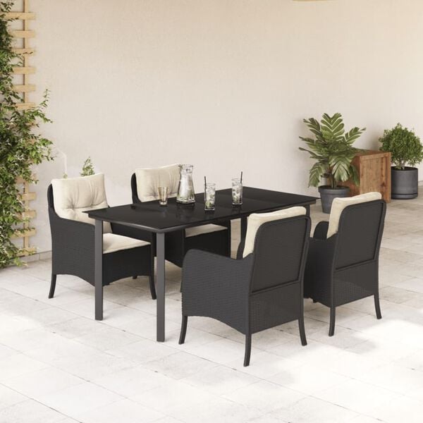 vidaXL 5 Piece Garden Dining Set with Cushions Black Poly Rattan