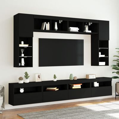 vidaXL 8 Piece TV Wall Cabinet Set with LED Lights Black