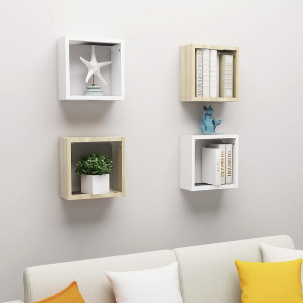 vidaXL Wall Cube Shelves 4 pcs White and Sonoma Oak 30x15x30 cm