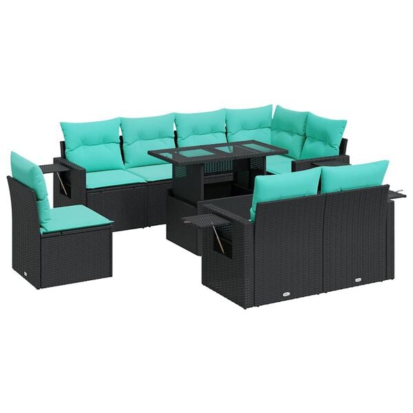 vidaXL 9 Piece Garden Sofa Set with Cushions Black Poly Rattan Acacia