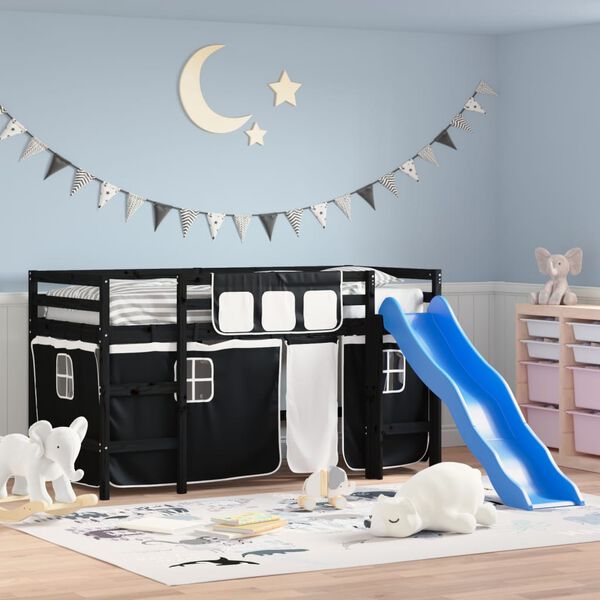 vidaXL Kids' Loft Bed with Curtains without Mattress White&Black 90x190cm