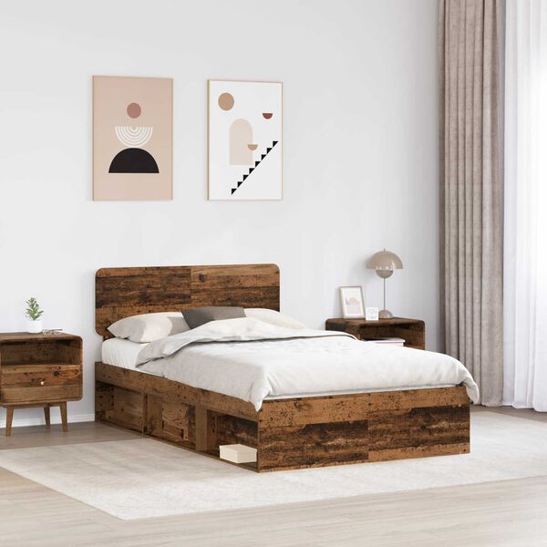 vidaXL Bed Frame with Headboard Old Wood 135 x 190 cm Solid Pine Wood