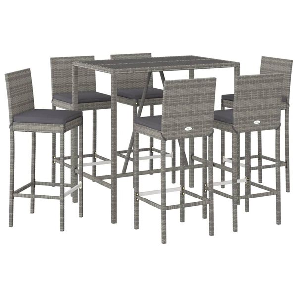 vidaXL 7 Piece Garden Bar Set with Cushions Grey Poly Rattan