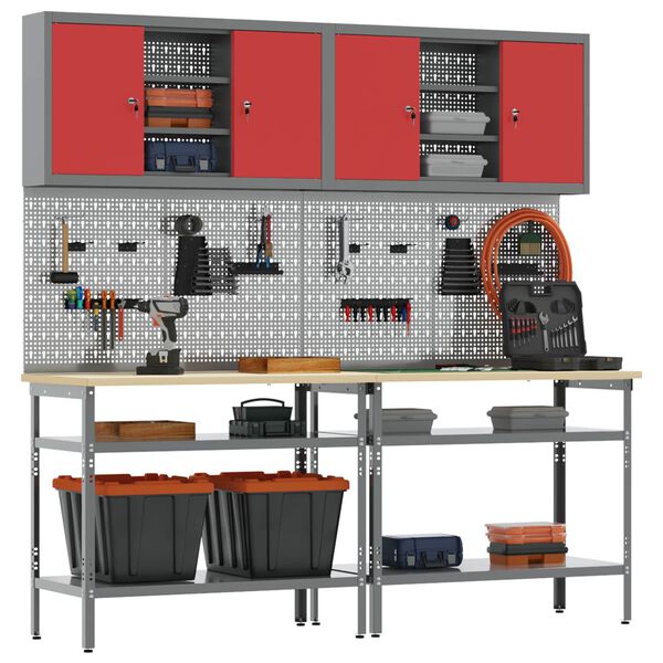 vidaXL Work Bench Set with Lock 8 pcs Red and Grey Powder-Coated Steel