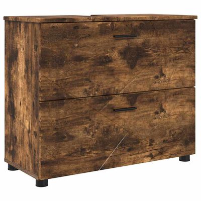 Close-up of a rustic brown wide chest of drawers with two large drawers