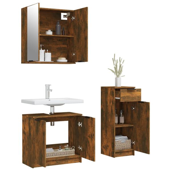 vidaXL 3 Piece Bathroom Cabinet Set Smoked Oak Engineered Wood