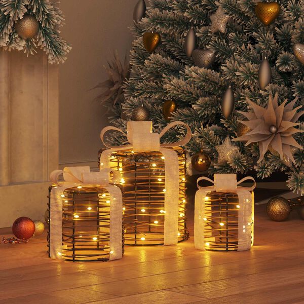 vidaXL Gift Box Decoration 3 pcs Warm white 20 x 20 x 20 cm Rattan