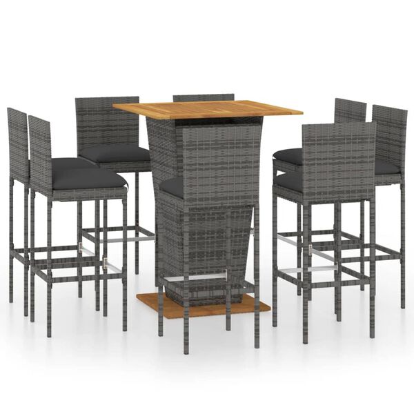 vidaXL 9 Piece Garden Bar Set with Cushions Poly Rattan Grey