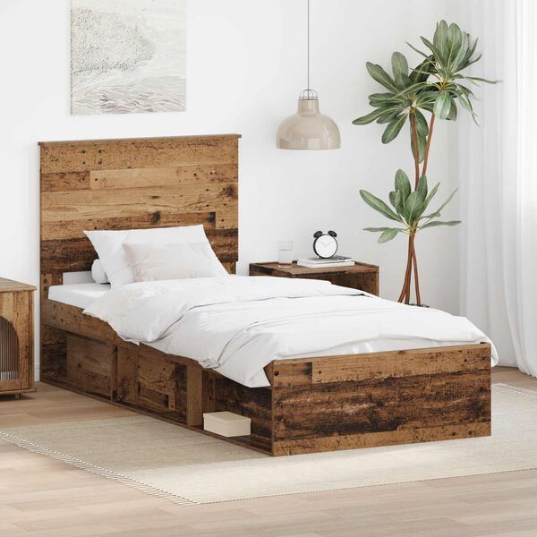 vidaXL Bed Frame with Headboard Old Wood 100 x 200 cm Solid Pine Wood