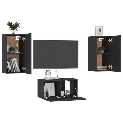 vidaXL 3 Piece TV Cabinet Set High Gloss Black Engineered Wood