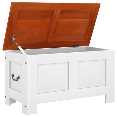 Open-lid view of white storage bench showing interior storage space and hinges.