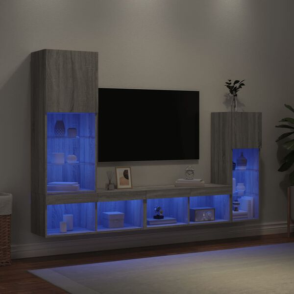 vidaXL 4 Piece TV Wall Units with LED Grey Sonoma Engineered Wood