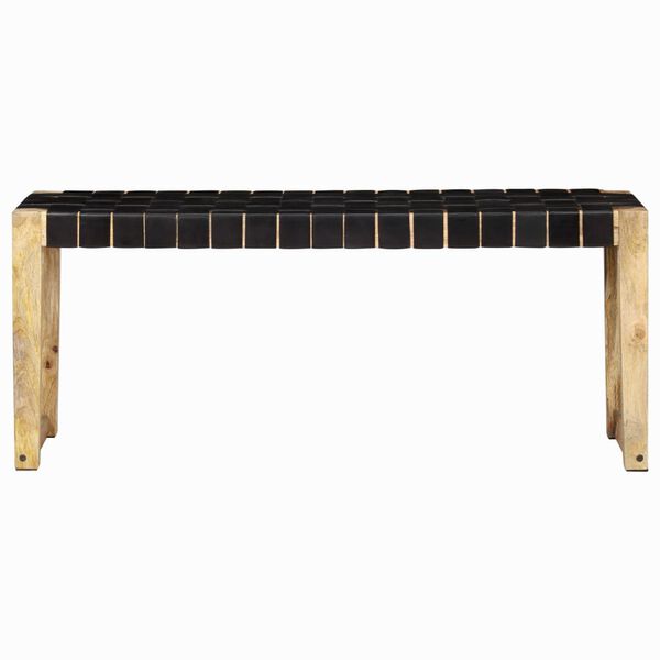 vidaXL Bench 110 cm Black Real Leather and Solid Mango Wood