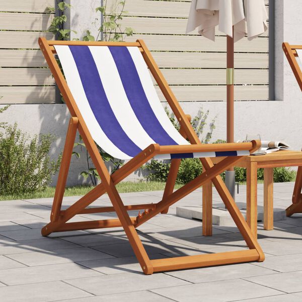 vidaXL Folding Beach Chair Blue and White Solid Wood Eucalyptus and Fabric