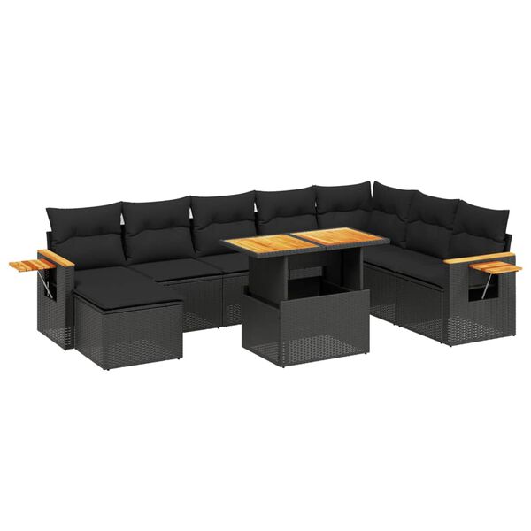 vidaXL 9 Piece Garden Sofa Set with Cushions Black Poly Rattan Acacia