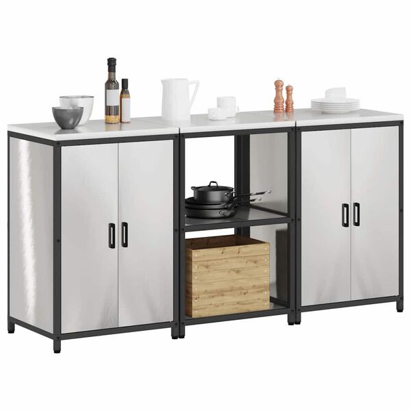 vidaXL Kitchen Storage Set with Shelf 3 pcs Silver Stainless Steel