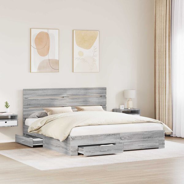 vidaXL Bed Frame with Drawer Grey Sonoma 200 x 200 cm Engineered Wood
