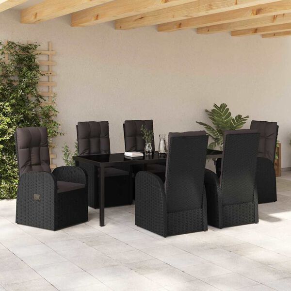 vidaXL Garden Dining Set with Cushion 7 pcs Black Poly Rattan