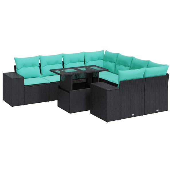 vidaXL 9 Piece Garden Sofa Set with Cushions Black Poly Rattan Acacia