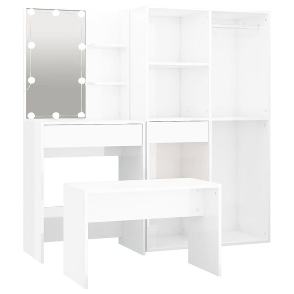 vidaXL Dressing Table Set with LED High Gloss White Engineered Wood