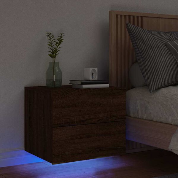 vidaXL Wall-mounted Bedside Cabinet with LED Lights Brown Oak