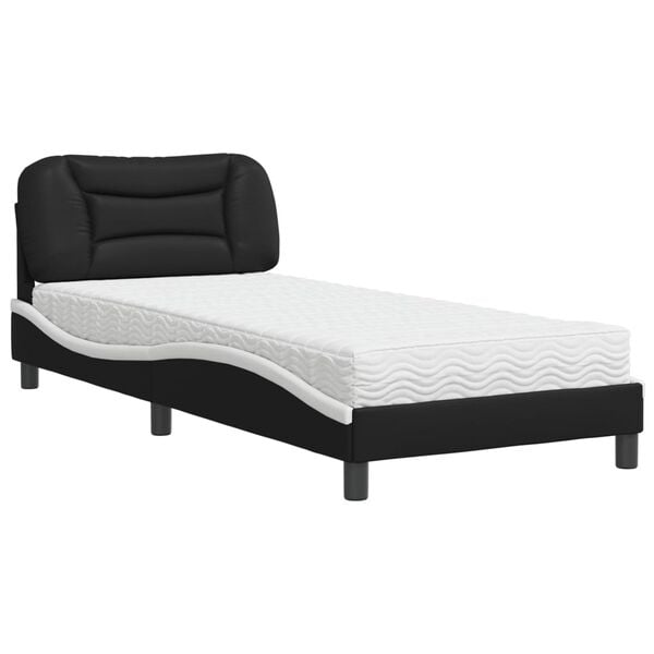 vidaXL Bed with Mattress "Hvar" Black and White 90x190 cm Single Faux Leather
