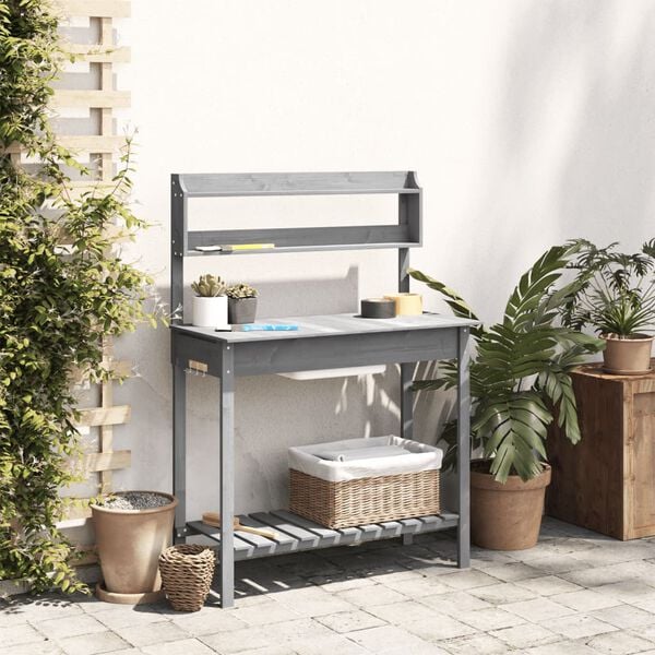 vidaXL Potting Table with Sink Grey 147.5x44x139.5 cm Solid Wood Fir