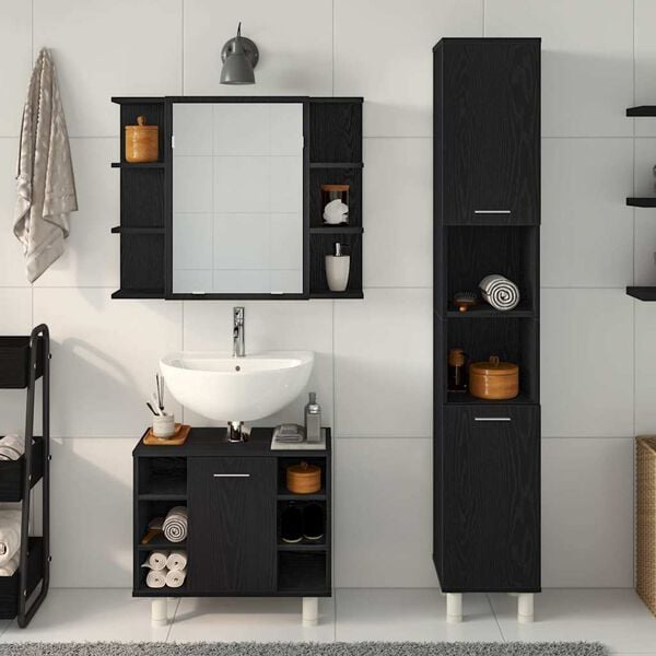 vidaXL Bathroom Furniture Set with Door 3 pcs Black 30 x 30 x 179.5 cm