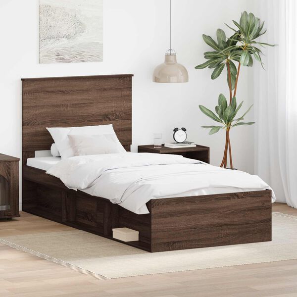 vidaXL Bed Frame with Headboard Brown Oak 100 x 200 cm Solid Pine Wood