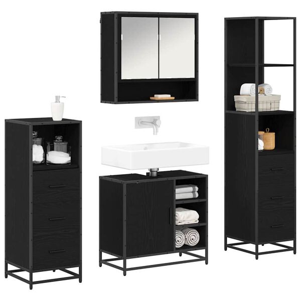 vidaXL Bathroom Furniture Set 4 pcs Black Oak Engineered Wood
