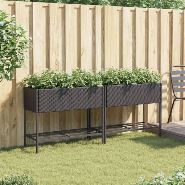 vidaXL Garden Planters with Shelf 2 pcs Black 90x40x75 cm Poly Rattan