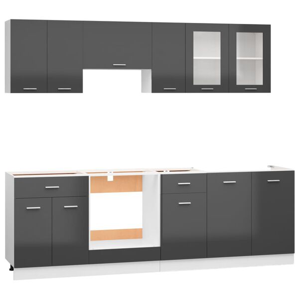 vidaXL 8 Piece Kitchen Cabinet Set with Worktop High Gloss Grey