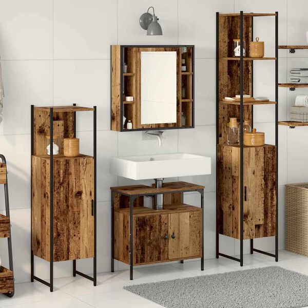 vidaXL Bathroom Furniture Set with Door 4 pcs Old Wood Engineered Wood