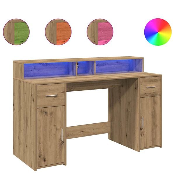 vidaXL Desk with LED Lights Artisian Oak 140x55x91 cm Engineered Wood