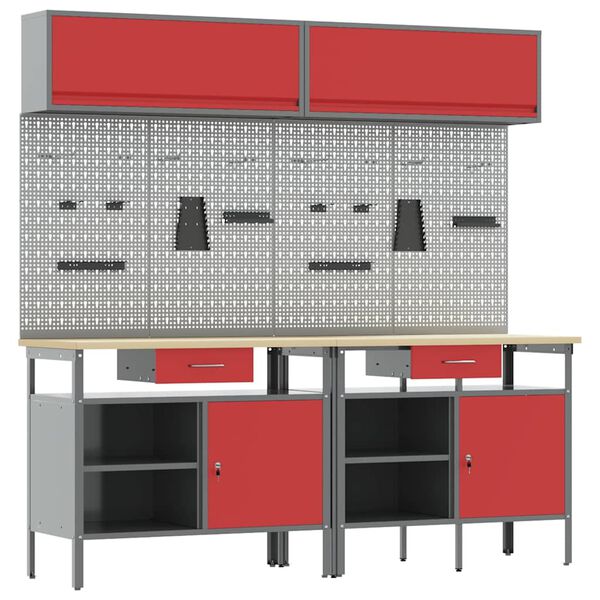 vidaXL Work Bench Set with Drawer 8 pcs Red 200 x 55 x 200 cm Steel