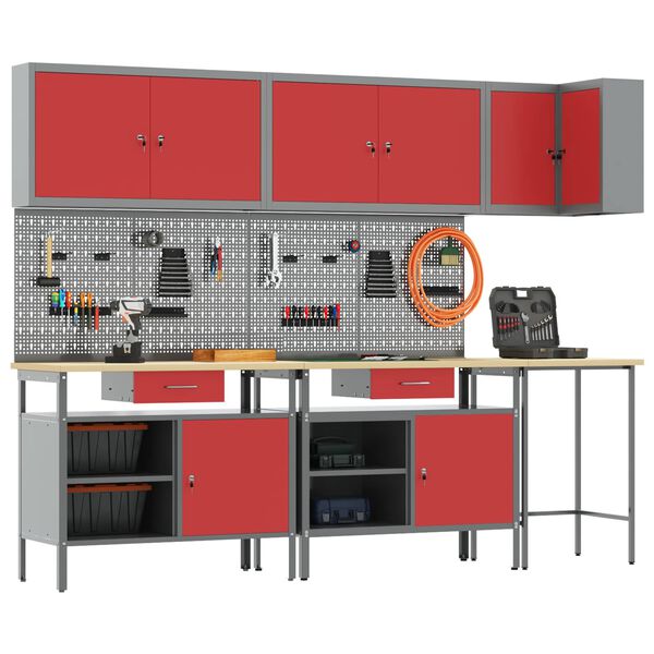 vidaXL Work Cabinet Set with Drawer with Shelf 10 pcs Red and Grey