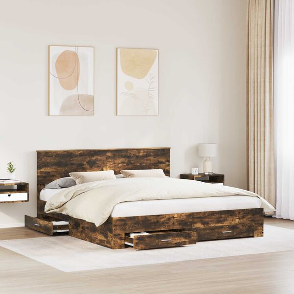vidaXL Bed Frame with Drawer Smoked Oak 180 x 200 cm Engineered Wood