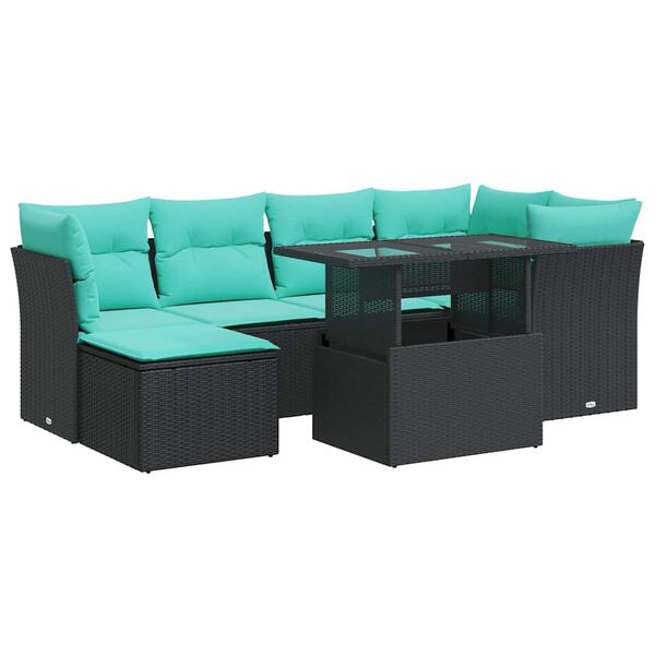 vidaXL 7 Piece Garden Sofa Set with Cushions Black Poly Rattan Acacia