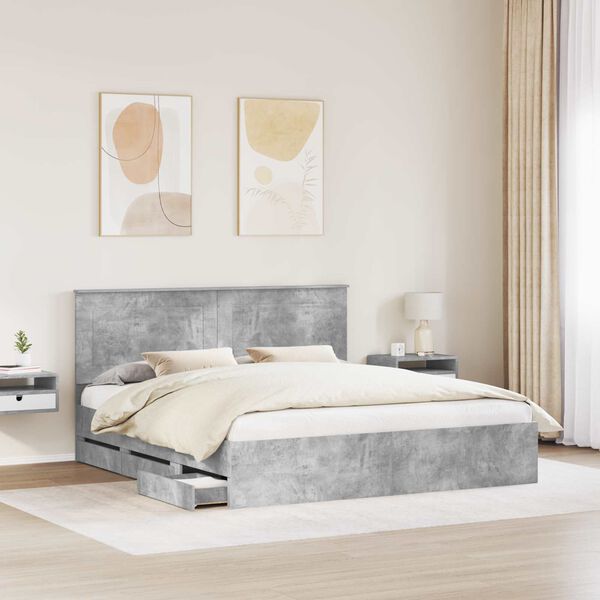 vidaXL Bed Frame with Drawer Concrete Grey 200 x 200 cm Engineer Wood