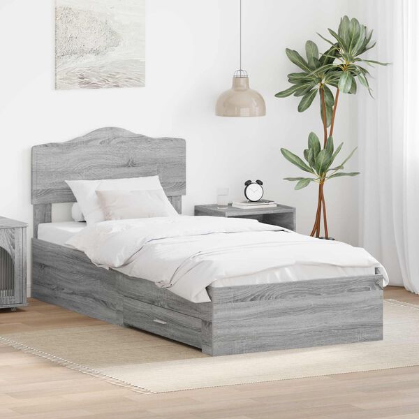 vidaXL Bed Frame with Drawer Grey Sonoma 90 x 200 cm Engineered Wood