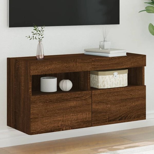 vidaXL TV Wall Cabinet with LED Lights Brown Oak 80x30x40 cm