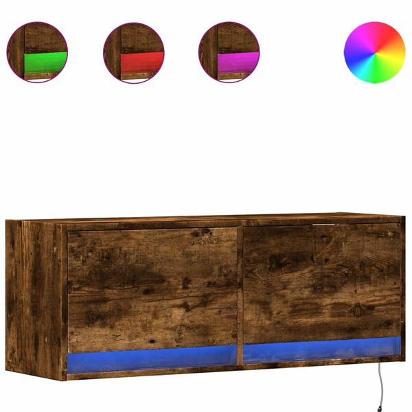 vidaXL TV Wall Cabinet with LED Lights Smoked Oak 100x31x35 cm