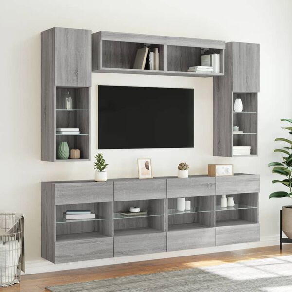 vidaXL 6 Piece TV Wall Cabinet Set with LED Lights Grey Sonoma
